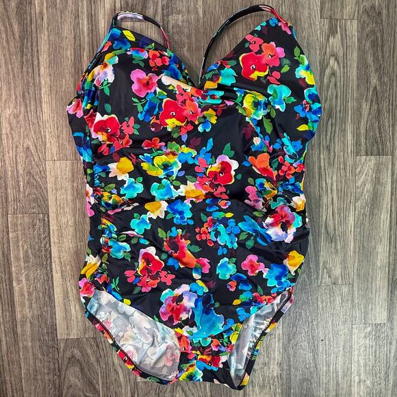 Aqua Green Floral One Piece Swimsuit XL Black Multicolor Ruched Cut-Out Back - Picture 2 of 5